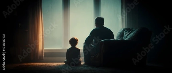 Fototapeta A man and a boy are sitting on a couch