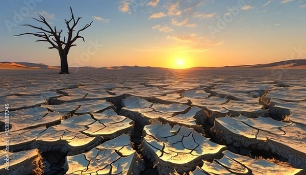 Obraz Desertification crisis pollution impact on arid regions dry landscape environmental photo sunset view