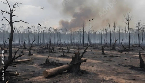 Obraz Deforestation and pollution crisis in burnt forests environmental impact post-apocalyptic scene global warming concept
