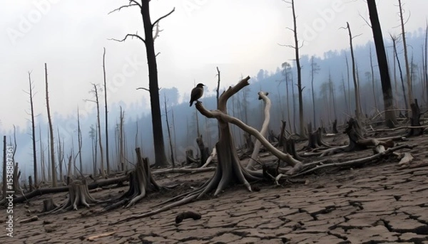 Obraz Devastating effects of pollution on forests burnt landscape environmental photo arid climate close-up view nature's desolation
