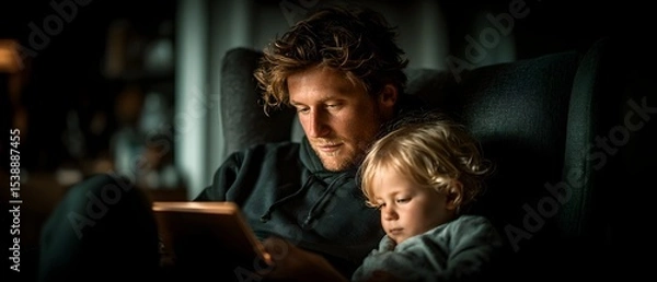 Fototapeta A man and a child are sitting together on a chair