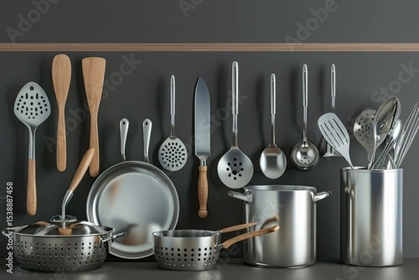 Fototapeta Clear Pixel Picture of Collection of Kitchen Utensils and Dishware for Cooking and Serving