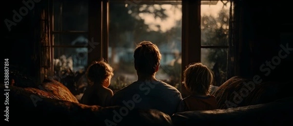 Fototapeta A man and two children are sitting on a couch
