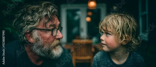 Fototapeta A man with a beard and glasses is talking to a young boy