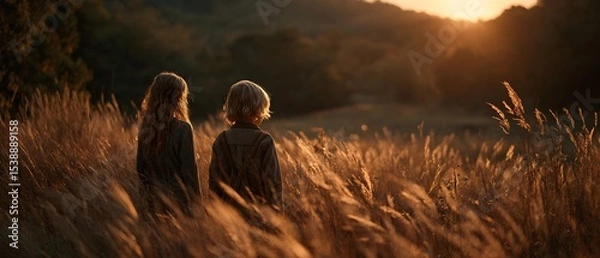 Fototapeta Two children standing in a field of tall grass