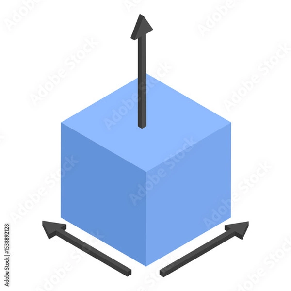 Obraz blue cube with three black arrows extending isometric Concept, visual reference for object positioning and rotation in 3D space vector Icon design, additive manufacturing stock illustration