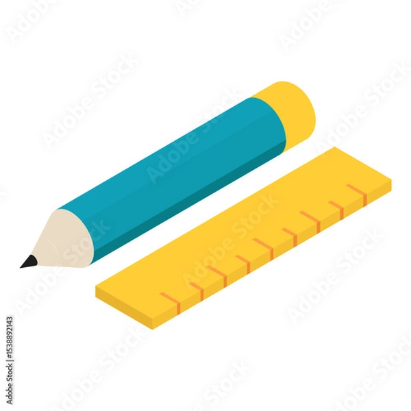 Fototapeta 3d print editing and measuring tools isometric Concept, Pencil with ruler vector color Icon design, additive manufacturing Stock illustration