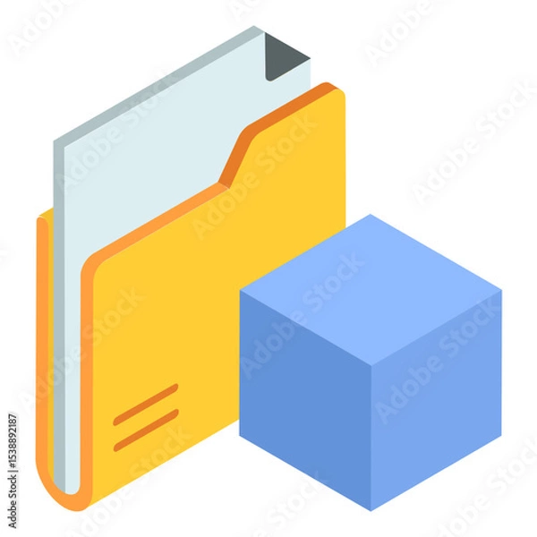 Obraz 3d objects and models files digital asset management isometric Concept, Yellow Folder with Blue 3D Cube vector Icon design, additive manufacturing Stock illustration