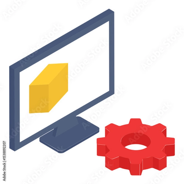 Obraz Live preview While cnc building the model on display isometric concept, 3d art work adjustment at cad application vector icon design, additive manufacturing stock illustration