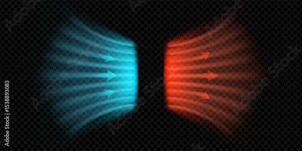 Fototapeta Clean air flow with cold and hot arrows. Blue red wave effect shows HVAC system in motion. Minimal vector style with temperature stream, breeze and purification concept. Transparent background.