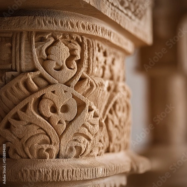 Fototapeta Intricate carvings adorn a sandstone column, showcasing detailed floral and geometric patterns. The texture and artistry are beautifully captured in this close-up shot.