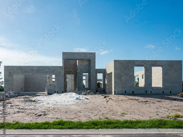 Obraz Street view of the concrete shell of a single-family house under construction, with a rectangular design, in a suburban residential development on a sunny evening in southwest Florida
