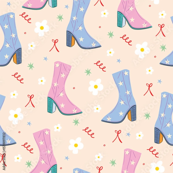 Fototapeta Seamless vector pattern with funky disco boots, cherry blossom flower, and bow. Pastel pink cute retro girly background.