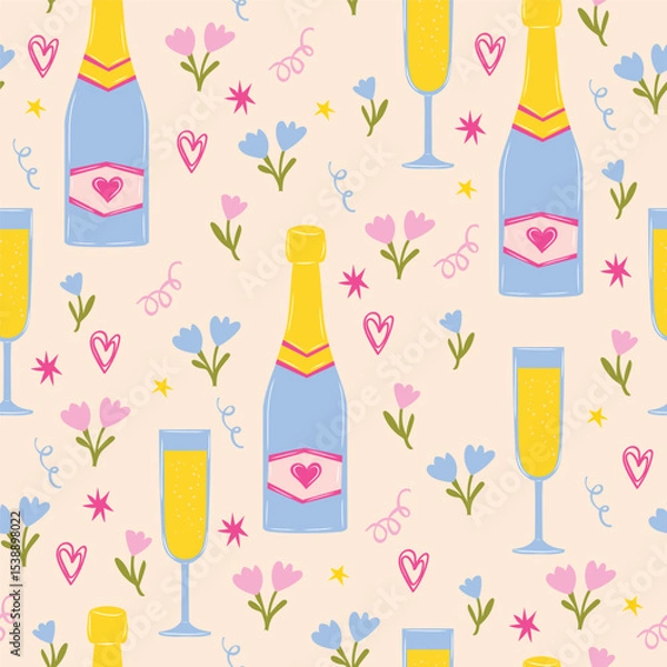 Fototapeta Seamless vector pattern with champagne glasses and bottle, confetti, flowers, and hearts Pastel color cute girly birthday party background.