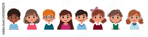 Fototapeta A set of Cheerful, Happy school kids portraits. Vector illustration in cartoon flat style