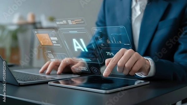 Fototapeta A person interacting with ai interfaces on a tablet and a laptop nearby