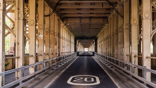 Fototapeta Empty road under Tyne Bridge in Newcastle upon Tyne, England, with speed limit sign