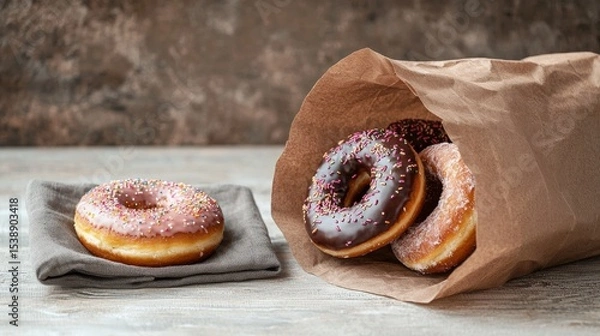 Obraz Minimalist presentation of donuts in a paper bag and on a napkin, representing sweet treats and a casual snack