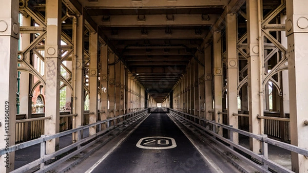 Fototapeta Empty road running through the Tyne Bridge in Newcastle upon Tyne, England, with speed limit sign and metal structure
