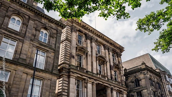 Fototapeta Low angle view of the historic Post Office building in Newcastle upon Tyne, UK, showcasing its architectural grandeur