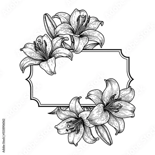 Fototapeta Decorative Floral Lily Flower Frame Design Black and White Outline Line Art Drawing for Blank Label Background