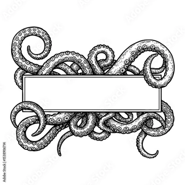 Fototapeta Octopus Tentacles Frame Design Behind Blank Label Black and White Outline Line Art Drawing Marine Animal