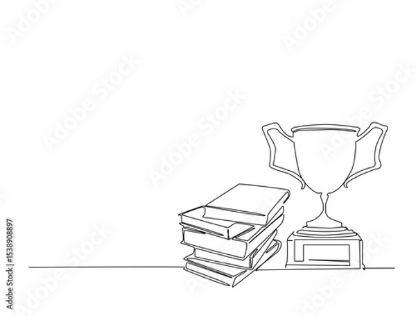 Fototapeta Continuous one line drawing of trophy and books. Trophy and book symbol of success outline illustration. Editable vector.