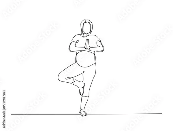 Fototapeta Continuous one line drawing of pregnant mother practicing yoga. Pregnant yoga outline illustration. Editable vector.