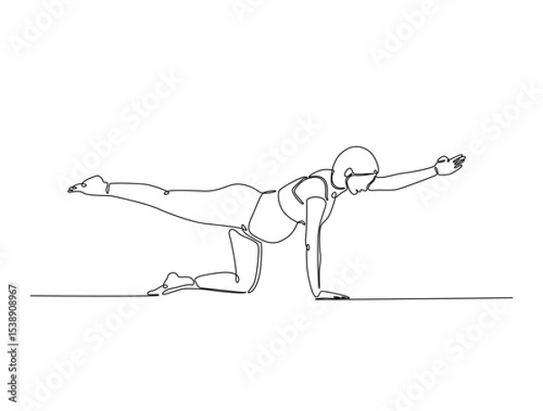 Fototapeta Continuous one line drawing of pregnant mother practicing yoga. Pregnant yoga outline illustration. Editable vector.