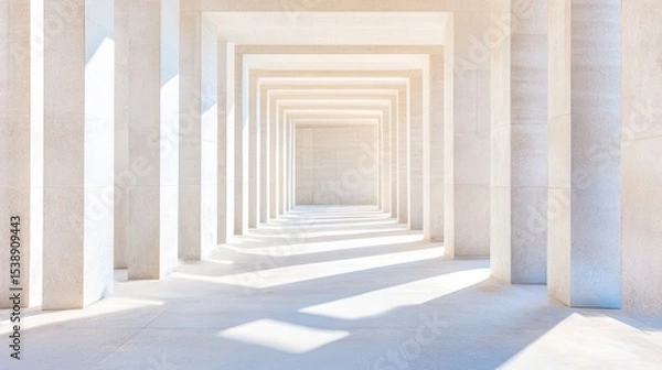 Fototapeta White Archway: An architecture masterpiece with symmetric archways and bright sunlight shining through create shadow that adds depth to design.