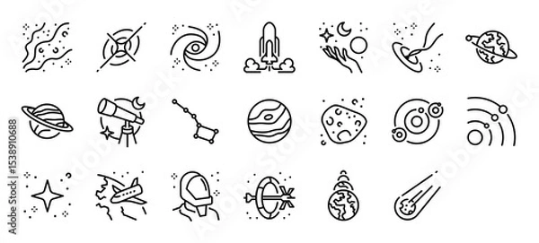 Obraz Set of Space vector stroke icons. such as Interstellar, Star, Science, Rocket, Worm Hole, Moon, Globe, Minor Planets, Asteroid illustration.