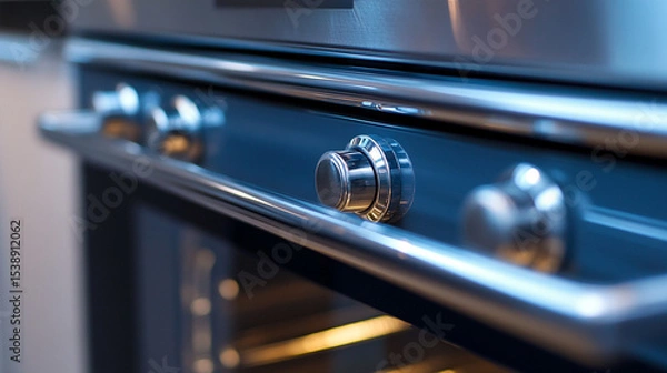 Fototapeta Inside a oven, shiny, clean, close up, silver and blue with control knobs. 