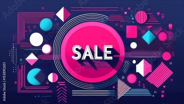 Fototapeta Vibrant Abstract Sale Graphic with Geometric Shapes and Modern Design on a Dark Blue Background, Perfect for Promotions and Advertising Campaigns