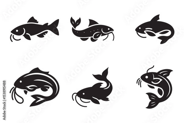 Fototapeta Set of catfish silhouette on white background. Catfish vector icons