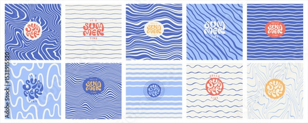 Fototapeta Sea ripples water waves marine summer backgrounds set. Uneven deformed hand drawn blue wavy organic doodle curved winding lines, stripes square patterns. Hello it's summer time hand lettering.