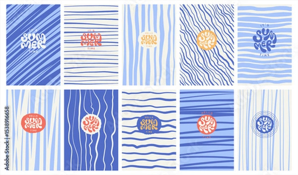 Fototapeta Blue summer striped backgrounds set. Uneven stripes, streaks, sea water waves. Deformed hand drawn wavy doodle curved winding lines, rectangle patterns. Hello it's summer time hand lettering.