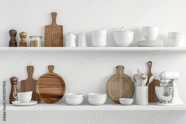 Obraz Vibrant Color Visual of Kitchenware on White Shelf Banner with Copy Space