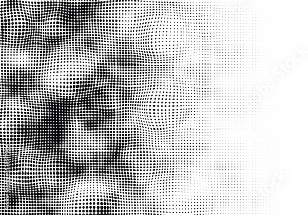 Fototapeta Vector halftone warped wave pattern with black dots. Abstract distortion texture with transition to white.