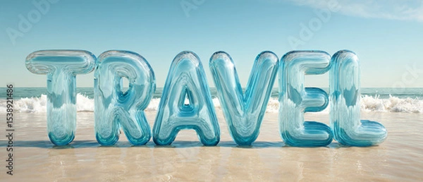Fototapeta A 3D digital rendering of the letter "TRAVEL" in a rounded font style. 