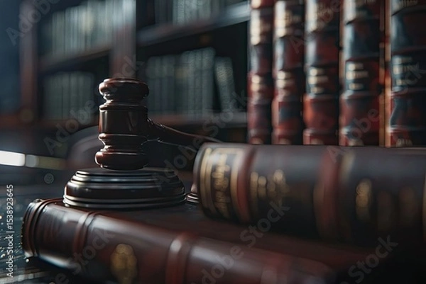 Obraz Ultra Quality Picture of CloseUp of Judge Gavel and Law Books in Law Office Setting