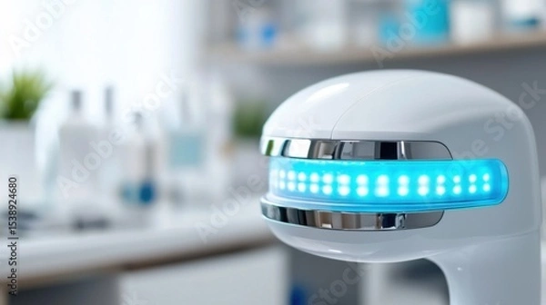 Obraz A sleek, high-tech medical device designed for futuristic scalp treatments using innovative blue light therapy