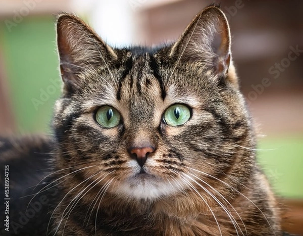 Fototapeta Close-up Portrait of a Beautiful Tabby Cat with Striking Green Eyes, Brown and Black Markings, Pet, Domestic Animal, Feline