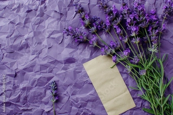 Obraz High Quality Picture of Lavender Bouquet with Empty Label on Purple Background