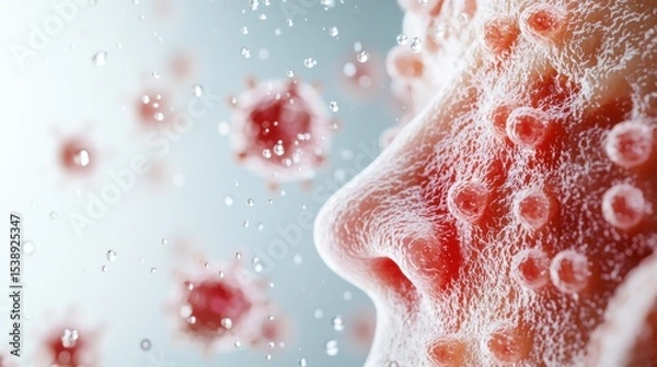 Obraz A close-up, magnified view of the skin condition seborrheic dermatitis, showing redness, flakes, and irritation on the scalp.