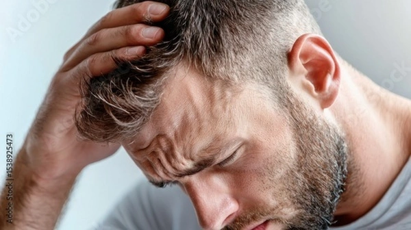 Obraz A distraught man holding his head in his hands, expressing visible signs of discomfort, stress, or mental anguish.