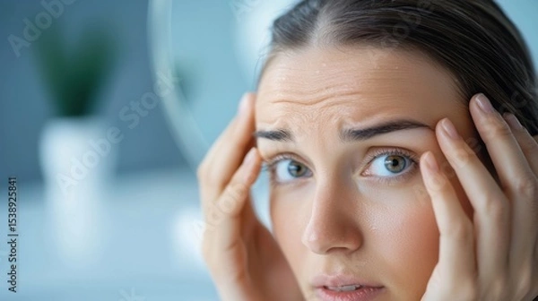 Fototapeta Close-up of a person closely inspecting their flaky, reddened scalp in the reflection of a mirror, as part of self-care and personal health evaluation.