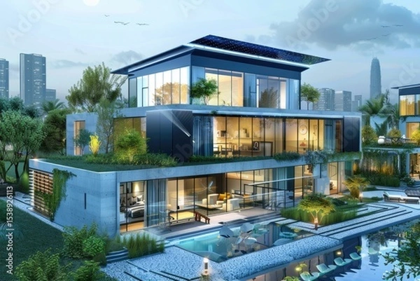 Obraz Smart home management homes with solar panels AI  Remote control and home new luxury management