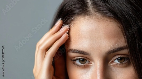 Obraz Close-up of a woman's hand scratching her scalp, likely due to severe dandruff or an irritated, dry scalp condition