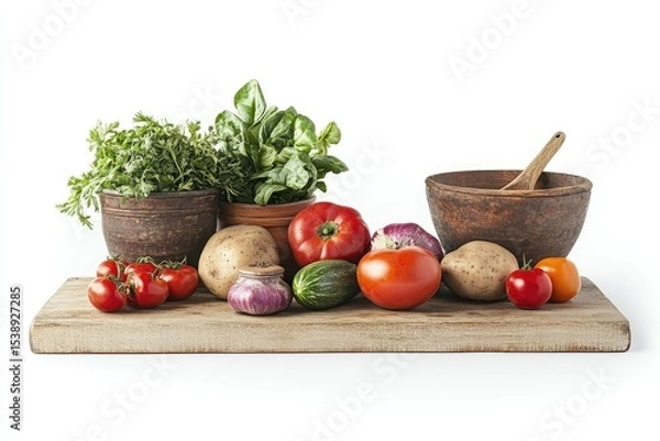 Obraz Vegetables with Rustic Kitchenware Isolated on White Background, Depth of Field