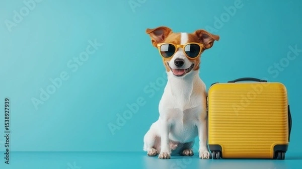 Obraz An adorable pet dog sitting and leaning on a stylish, vintage-inspired travel suitcase, conveying a sense of adventure and companionship.